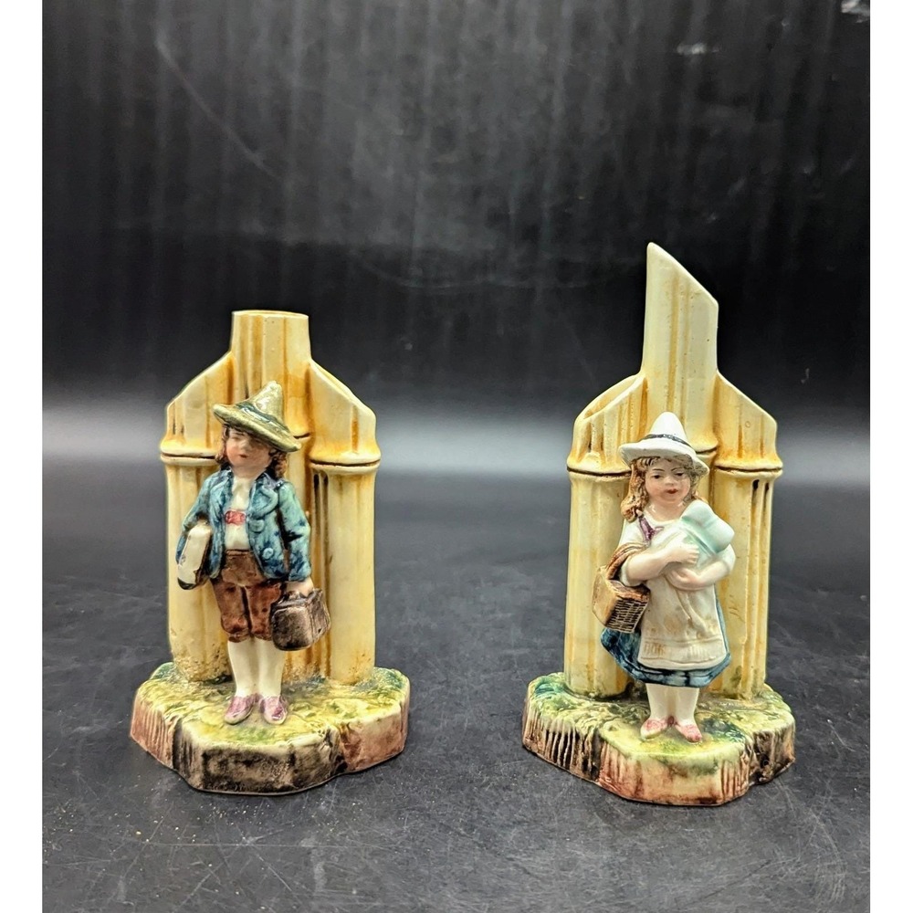 Pair Vintage Austrian Majolica Boy Girl Bamboo Spill Vase 5.5" Hand Painted